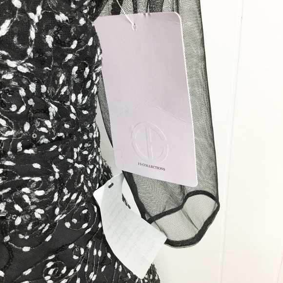 JS COLLECTION Holiday Black Mesh Shirred Bodice Lined Elbow Sleeve Dress 8 New - Picture 8 of 12